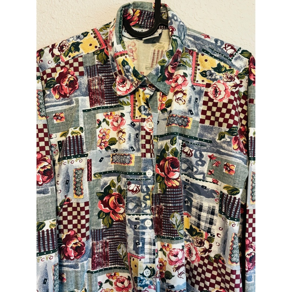Capacity Vintage Floral Patchwork Button Down Shirt Cotton Long Sleeve Multi M